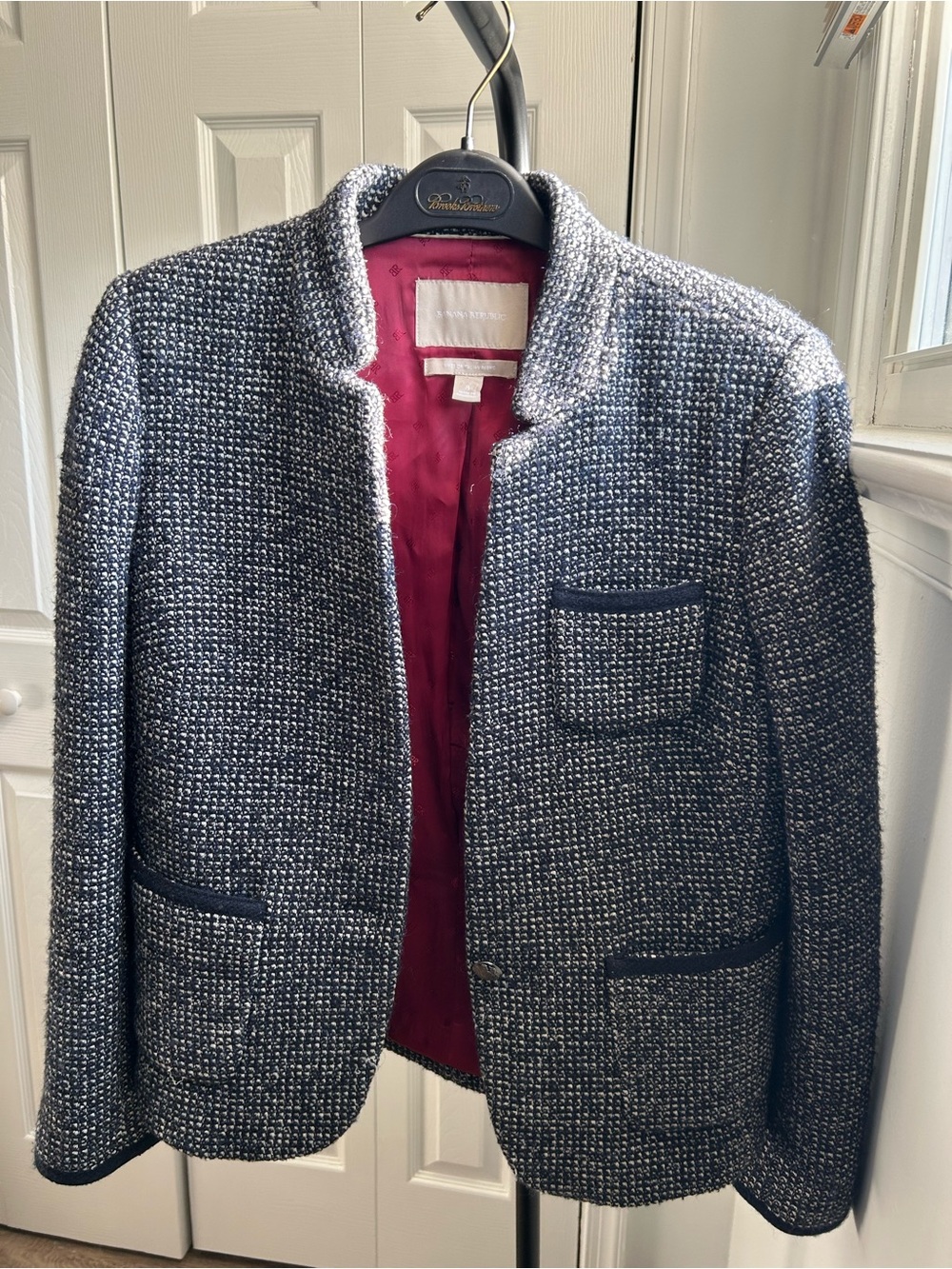 Banana Republic Navy and White Tweed Jacket with Burgundy Lining